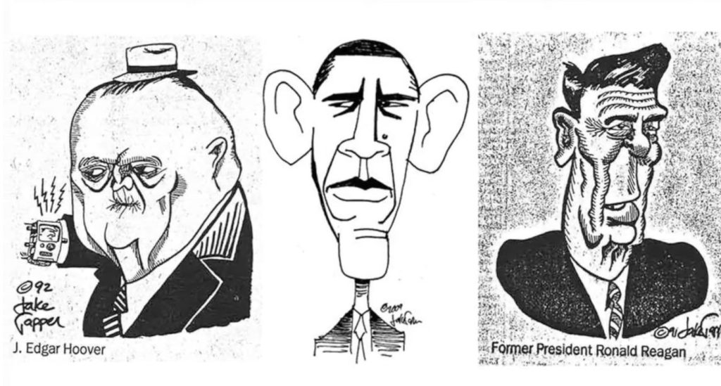 Caricatures by Jake Tapper of J. Edgar Hoover, Barack Obama and Ronald Reagan